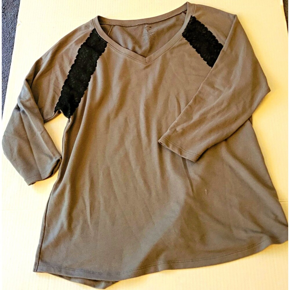 Apt. 9 Women's Gray Solid Knit V-Neck 3/4 Sleeve Lace Pullover Top M